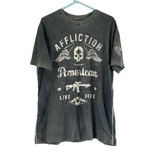 Affliction Freedom Defender T Shirt Skull Grunge XL Distressed (holes)